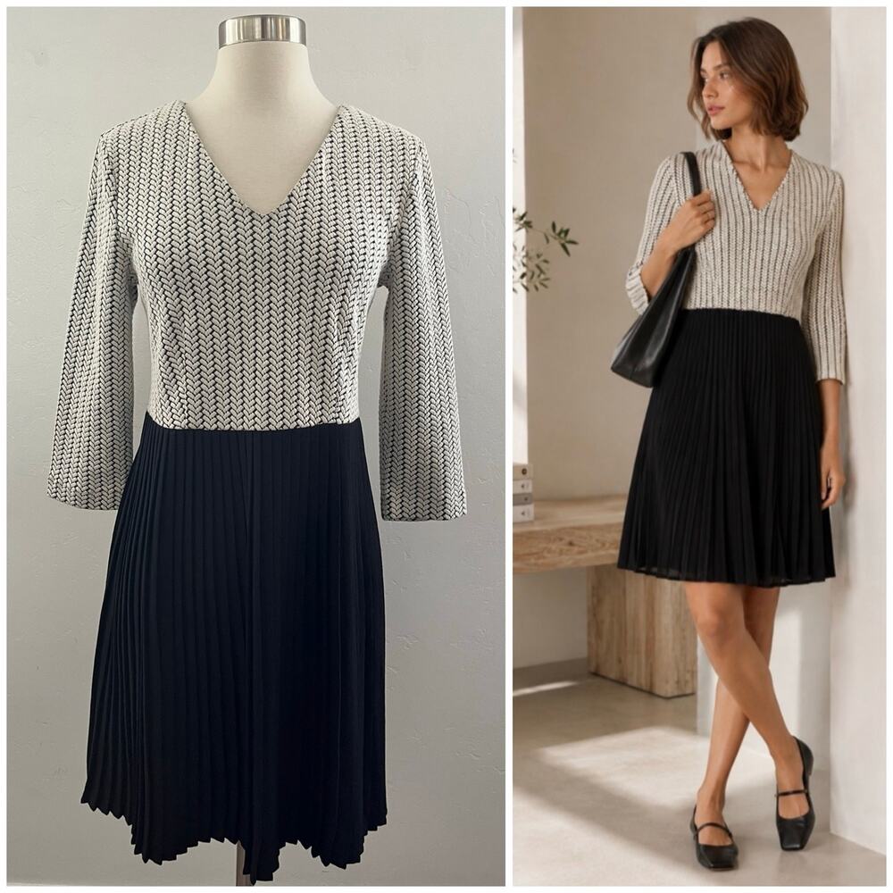 Ganni for Anthropologie Jacquard Jersey Dress Small Black Pleated Office Career